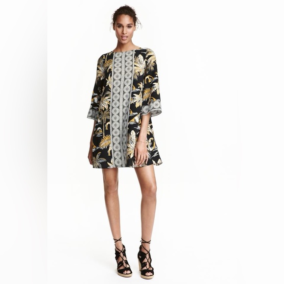 Short A Line Black and Gold Palm Print Dress or Cover-up NWT - Picture 1 of 6